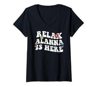 Womens Retro Groovy Relax Alanna is Here Funny Mother's Day Name V-Neck T-Shirt
