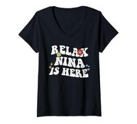 Womens Retro Groovy Relax Nina is Here Funny Mother's Day Name V-Neck T-Shirt