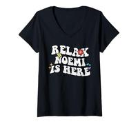 Womens Retro Groovy Relax Noemi is Here Funny Mother's Day Name V-Neck T-Shirt