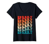 Womens Retro Groovy Sparky Electrician Lightning 70s Vintage Funny V-Neck T-Shirt