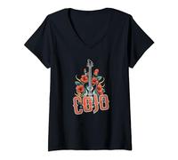 Womens Retro Guitar Floral Fusion Graphic Apparel V-Neck T-Shirt