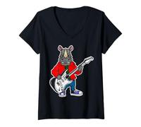 Womens Retro Guitar Rock Music of Cute Rhino V-Neck T-Shirt
