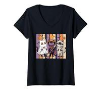 Women's Retro Halloween Cats Ghost Witch Mummy Spooky Kitty Costumes V-Neck T-Shirt