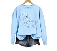 Women's Retro Halloween Dog Sweatshirt - Cute Pet Graphic Pullover, 2025 Trendy Crewneck, Funny Seasonal Festival Wear Womens Warm Basic Sweatshirt Light Blue