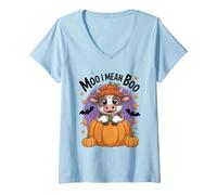 Womens Retro Halloween Highland Cow Moo I Mean Boo Funny Fall V-Neck T-Shirt