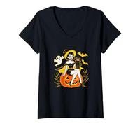Womens Retro Halloween Pin Up Witch Black Cat Jack O Lantern V-Neck T-Shirt