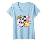 Womens Retro Happy Face Duck Rainbow Heart Lightning Bolt Aesthetic V-Neck T-Shirt