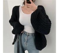 Women's Retro Harajuku Lantern Cardigan Sweater Autumn Coat Style Pullover with Balloon Sleeves Lapel Neckline Solid Color Polyester Knitwear for Daily Vacation Holiday Winter(Black)