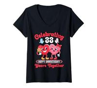 Women's Retro Hearts Birds 33rd Anniversary 33 Years Together Couple V-Neck T-Shirt