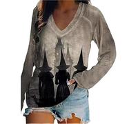 Womens Retro Horror Witch Print V Neck Halloween Shirt T-Shirt, Colourful-03, S