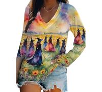 Womens Retro Horror Witch Print V Neck Halloween Shirt T-Shirt, Colourful-06, 3XL