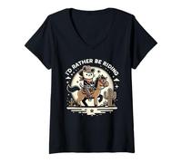 Womens Retro Horseback Riding Funny Equestrian Animal Meme Cat V-Neck T-Shirt