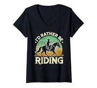 Womens Retro Horseback Riding Funny Equestrian Animal Meme Cat V-Neck T-Shirt