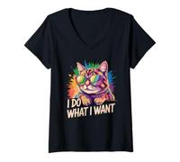 Womens Retro I do what I want cat with sunglasses funny cat lover V-Neck T-Shirt