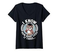 Womens Retro I Know How Many Licks It Takes Funny Owl Lollipop V-Neck T-Shirt