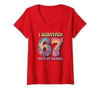 Womens Retro I Survived 67 Days of School Slang Six Seven Brain Rot V-Neck T-Shirt