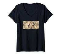 Women's Retro Japanese Block Print Pileated Picid Woodpecker Birding V-Neck T-Shirt