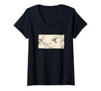 Women's Retro Japanese Block Print Ruby Hummingbird Pine Art V-Neck T-Shirt