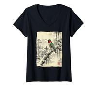 Women's Retro Japanese Block Print Ruby Hummingbird Pine Art V-Neck T-Shirt