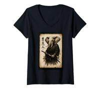Women's Retro Japanese Ink Wash Warrior Samurai African Elephant V-Neck T-Shirt