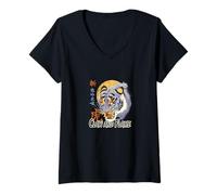 Womens Retro Japanese Tiger - Claw and Flame V-Neck T-Shirt