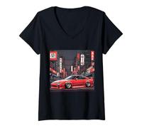 Womens Retro JDM Japanese Drift Race Sport Car Tokyo Drift At Night V-Neck T-Shirt