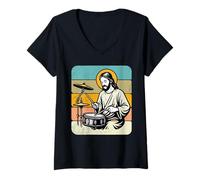 Womens Retro Jesus Drummer Worship Rhythm Graphic Praise Music V-Neck T-Shirt