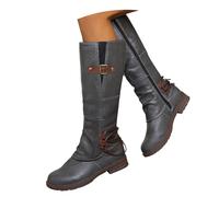 Women's Retro Knee Boots in Smooth Black Faux Leather, Round Toe, Low Stable Heel with Brown Tread Sole, Metal Buckle & Lace-Up Strap Back, Side Zip, Outdoor, gray, 8.5 UK