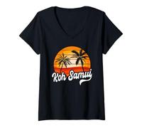 Womens Retro KOH Samui Sunset Palm Trees Vintage Travel Design V-Neck T-Shirt