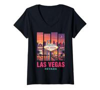 Women's Retro Las Vegas Nevada Skyline Vintage Desert Sunset V-Neck T-Shirt