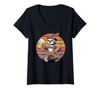 Womens Retro Lazy Sloth Bear Beer Drinking Sloths V-Neck T-Shirt