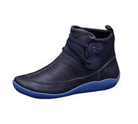 Womens Retro Leather Ankle Boots Womens Flat Ankle Boots Solid Colour Pleated Boot For Spring Autumn Casual Soft Sole Boot Slip On Round Toe Booties Vintage Style Lace Up Side Booties