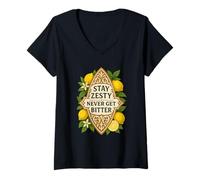 Womens Retro Lemons Zesty Citrus Fruit Floral Art Summer Aesthetic V-Neck T-Shirt