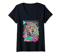 Womens Retro Leopard Pop Art Graphic with Bold Geometric Shapes V-Neck T-Shirt