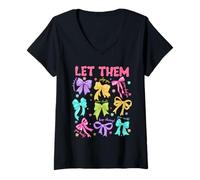 Womens Retro Let Them Jesus Christian Colorful Coquette Bow Bible V-Neck T-Shirt