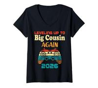 Womens Retro Leveling Up To Big Cousin Again 2026 Baby Announcement V-Neck T-Shirt