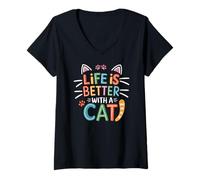 Womens Retro Life Is Better With Cat Kitty Lover Cat Moms & Dads V-Neck T-Shirt