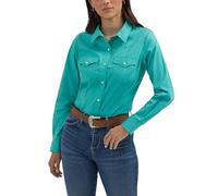 Women's Retro Long Sleeve Cool Blue Solid Western Shirt, Bright Aqua, XS