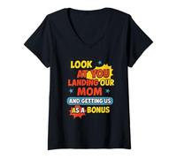 Womens Retro Look At You Landing Our Mom Funny Father's Day Dad V-Neck T-Shirt