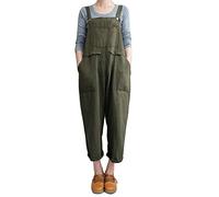Women's Retro Loose Casual Baggy Overall Long Jumpsuit Playsuit Trousers Pants Dungarees Big Pocket Army Green 2XL