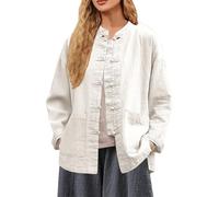 Women's Retro Mandarin Collar Blouse Long Sleeve Chinese Frog Button Oriental Top with Side Pockets, Traditional Casual Shirt for Everyday Wear (White, XXXXXL)