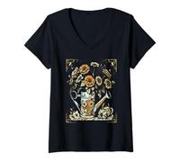 Women's Retro Marigolds in a Watering Can Garden Marigold V-Neck T-Shirt