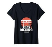 Womens Retro Meguro Japan Torii Gate Japanese Kanji Tokyo Souvenir V-Neck T-Shirt