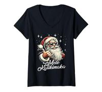 Womens Retro Mele Kalikimaka Hawaiian Christmas Party Santa Shaka V-Neck T-Shirt