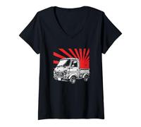 Womens Retro Mini Truck Rising Sun Kei Truck Vintage Style V-Neck T-Shirt