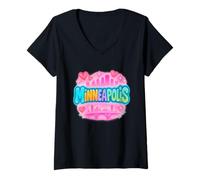 Womens Retro Minneapolis Bridge and Skyline Pride Art V-Neck T-Shirt