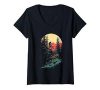 Women's Retro Mountain Biker Silhouette Under Moon V-Neck T-Shirt