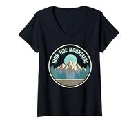 Women's Retro Mountain Forest Nature Graphic with Moon Emblem V-Neck T-Shirt