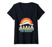 Womens Retro Mountain Sunset Aspen Colorado Vintage Ski Travel V-Neck T-Shirt