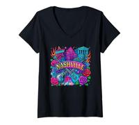 Womens Retro Nashville Tattoo Art - Colorful Landmark Roses Guitars V-Neck T-Shirt
